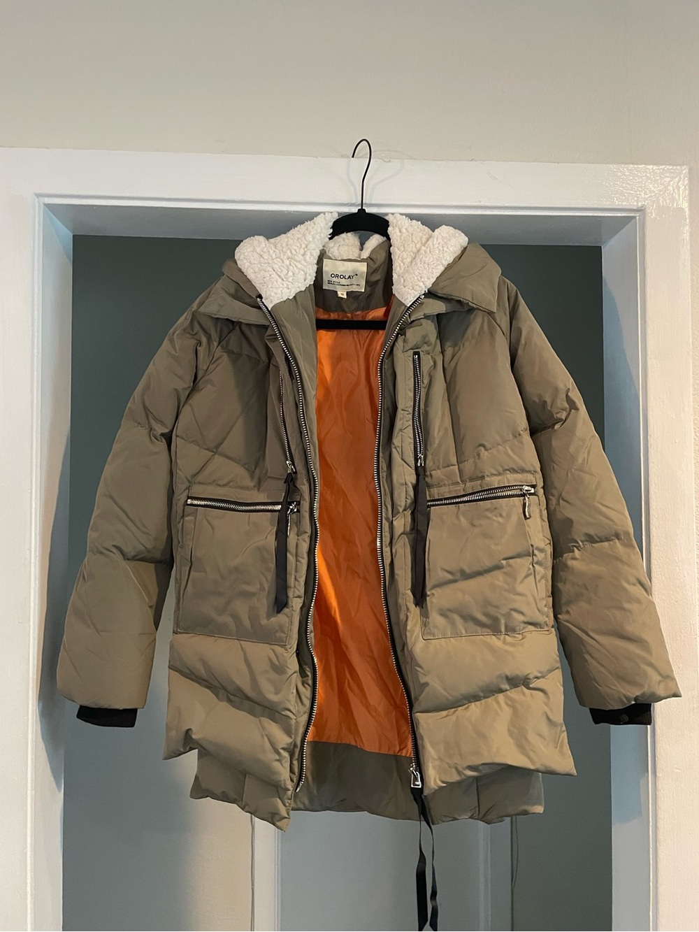 OROLAY 90% Down Puffer Coat XS Olive/Taupe Sherpa Hood Orange Lining